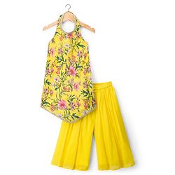 Babyhug Woven Sleeveless Floral Printed Indo Western Set - Yellow
