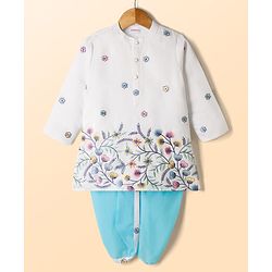 Babyhug Woven Full Sleeves Kurta & Dhoti Set with Floral Embroidery - Light Blue