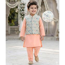 Babyhug Woven Full Sleeves Kurta Pajama Set with Embroidered Jacket - Peach