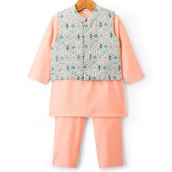 Babyhug Woven Full Sleeves Kurta Pajama Set with Embroidered Jacket - Peach