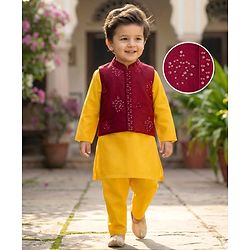 Babyhug Woven Full Sleeves Kurta Pajama & Floral Embroidery Jacket - Rust Orange & Yellow