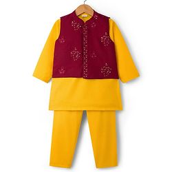 Babyhug Woven Full Sleeves Kurta Pajama & Floral Embroidery Jacket - Rust Orange & Yellow