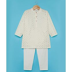 Babyhug Woven Full Sleeves Embroidered Kurta Pyjama Set with Embellished Detailing - Offwhite