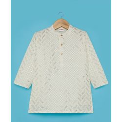 Babyhug Woven Full Sleeves Embroidered Kurta Pyjama Set with Embellished Detailing - Offwhite