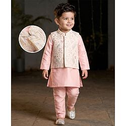 Babyhug Woven Full Sleeves Kurta Pajama Set With Floral Embriodery Jacket - Pink
