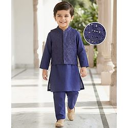 Babyhug Woven Full Sleeves Kurta Pajama Set With Sequin Detailing Jacket - Navy Blue