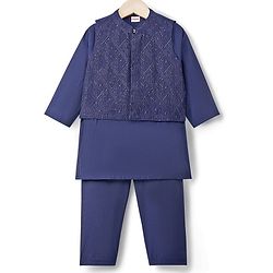 Babyhug Woven Full Sleeves Kurta Pajama Set With Sequin Detailing Jacket - Navy Blue