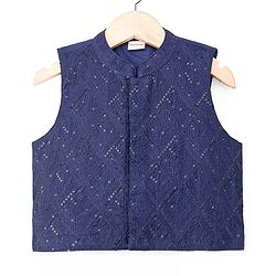 Babyhug Woven Full Sleeves Kurta Pajama Set With Sequin Detailing Jacket - Navy Blue