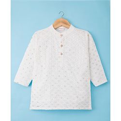 Babyhug Woven Full Sleeves Kurta Pajama Set With Sequin Embroidery - White