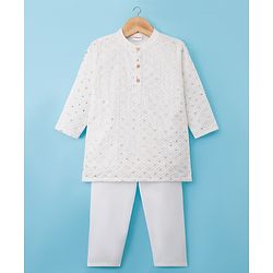 Babyhug Woven Full Sleeves Kurta Pajama Set With Sequin Embroidery - White