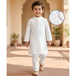 Babyhug Woven Full Sleeves Embroidered Kurta Pajama Set - White