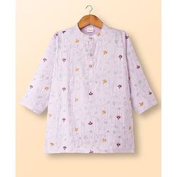 Babyhug Woven Full Sleeves Kurta Pajama Set With Floral Embroidery - Lavender