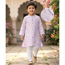 Babyhug Woven Full Sleeves Kurta Pajama Set With Floral Embroidery - Lavender