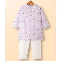 Babyhug Woven Full Sleeves Kurta Pajama Set With Floral Embroidery - Lavender