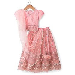 Babyhug Mesh Woven Half Sleeves Lehenga Choli Set With Sequin Embroidery & Dupatta - Peach