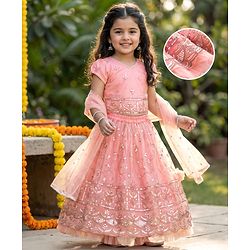 Babyhug Mesh Woven Half Sleeves Lehenga Choli Set With Sequin Embroidery & Dupatta - Peach