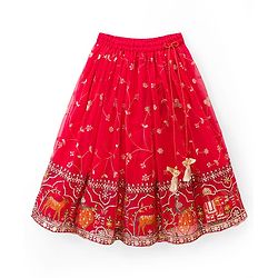 Babyhug Georgette Woven Frill Sleeves Lehenga Choli Set With Floral Embroidery & Dupatta - Red