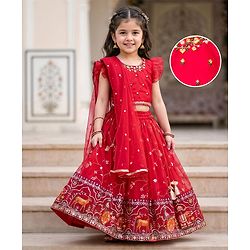 Babyhug Georgette Woven Frill Sleeves Lehenga Choli Set With Floral Embroidery & Dupatta - Red