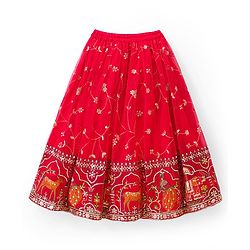 Babyhug Georgette Woven Frill Sleeves Lehenga Choli Set With Floral Embroidery & Dupatta - Red