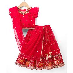 Babyhug Georgette Woven Frill Sleeves Lehenga Choli Set With Floral Embroidery & Dupatta - Red