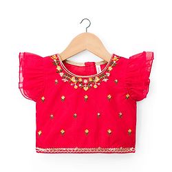 Babyhug Georgette Woven Frill Sleeves Lehenga Choli Set With Floral Embroidery & Dupatta - Red