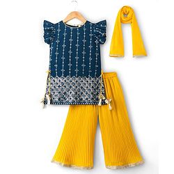 Babyhug Georgette Woven Frill Sleeves Kurti Palazo & Dupatta Set Sequin Embroidery - Navy Blue & Yellow