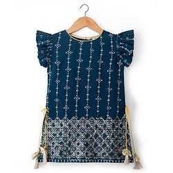 Babyhug Georgette Woven Frill Sleeves Kurti Palazo & Dupatta Set Sequin Embroidery - Navy Blue & Yellow