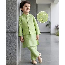 Babyhug Woven Full Sleeves Kurta Pajama Set with Embroidered Waistcoat & Sequin Detailing - Olive Green