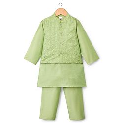 Babyhug Woven Full Sleeves Kurta Pajama Set with Embroidered Waistcoat & Sequin Detailing - Olive Green