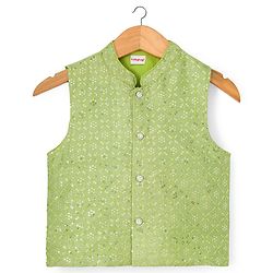 Babyhug Woven Full Sleeves Kurta Pajama Set with Embroidered Waistcoat & Sequin Detailing - Olive Green