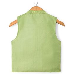 Babyhug Woven Full Sleeves Kurta Pajama Set with Embroidered Waistcoat & Sequin Detailing - Olive Green