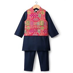 Babyhug Woven Full Sleeves Kurta Pajama Set with Embroidered Jacket - Navy Blue