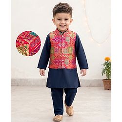 Babyhug Woven Full Sleeves Kurta Pajama Set with Embroidered Jacket - Navy Blue