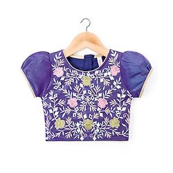 Babyhug Woven Half Puffed Sleeves Choli Lehenga Set with Dupatta & Floral Embroidery & Sequin Detailing - Navy Blue
