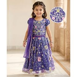 Babyhug Woven Half Puffed Sleeves Choli Lehenga Set with Dupatta & Floral Embroidery & Sequin Detailing - Navy Blue