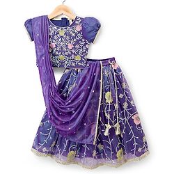 Babyhug Woven Half Puffed Sleeves Choli Lehenga Set with Dupatta & Floral Embroidery & Sequin Detailing - Navy Blue