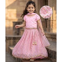 Babyhug Georgette Woven Half Sleeves Choli Lehenga & Dupatta Set With Floral & Sequin Embroidered - Light Pink