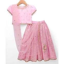 Babyhug Georgette Woven Half Sleeves Choli Lehenga & Dupatta Set With Floral & Sequin Embroidered - Light Pink