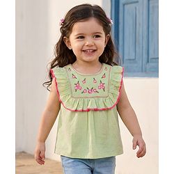 Babyhug Seer Sucker Woven Sleeveless Top With Floral Embroidery - Limegreen
