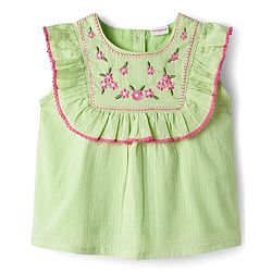 Babyhug Seer Sucker Woven Sleeveless Top With Floral Embroidery - Limegreen