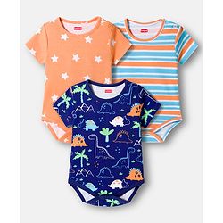 Babyhug 100% Cotton Knit Half Sleeves Striped Onesies with Dino & Star Print Pack of 3 - Multicolor