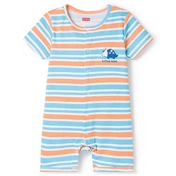 Babyhug 100% Cotton Knit Half Sleeves Striped Rompers With Dino Print Pack of 2 - Navy Blue & White