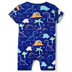 Babyhug 100% Cotton Knit Half Sleeves Striped Rompers With Dino Print Pack of 2 - Navy Blue & White