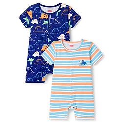 Babyhug 100% Cotton Knit Half Sleeves Striped Rompers With Dino Print Pack of 2 - Navy Blue & White