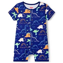 Babyhug 100% Cotton Knit Half Sleeves Striped Rompers With Dino Print Pack of 2 - Navy Blue & White