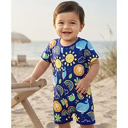Babyhug 100% Cotton Knit Half Sleeves Romper With Animal & Rainbow Print - Navy Blue