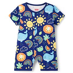 Babyhug 100% Cotton Knit Half Sleeves Romper With Animal & Rainbow Print - Navy Blue