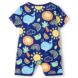 Babyhug 100% Cotton Knit Half Sleeves Romper With Animal & Rainbow Print - Navy Blue