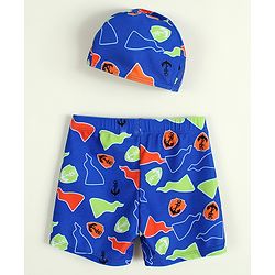 Babyhug Nautical Theme Printed Swimming Trunk with Cap - Blue
