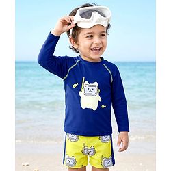 Babyhug Full Raglan Sleeves  Two Piece Printed Swimsuit -  Navy Blue